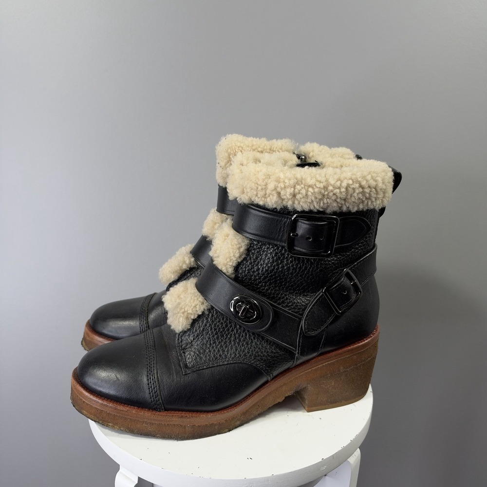 Coach Preston Boots Womens 7 Black Leather Shearling Ankle Heel Zip Fur Trim